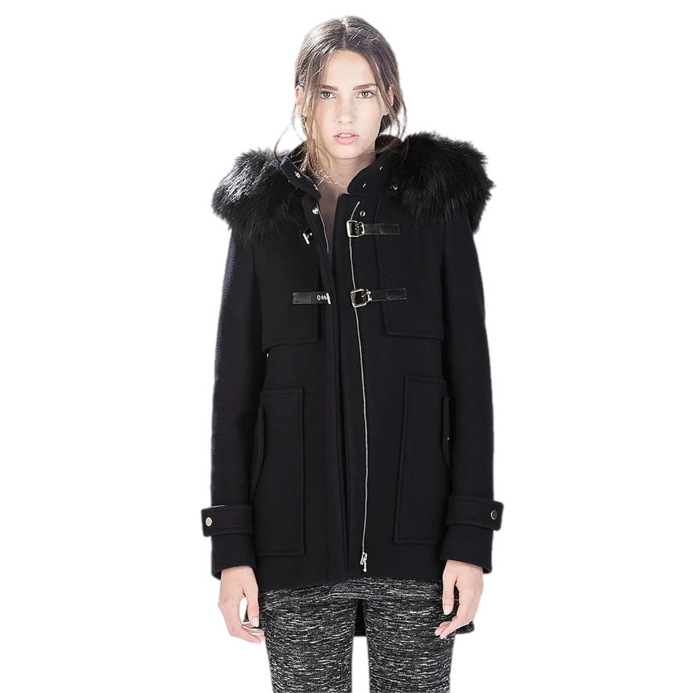 Zara Wool Duffel Black Coat Faux Fur Trim Hood Buckle Size S